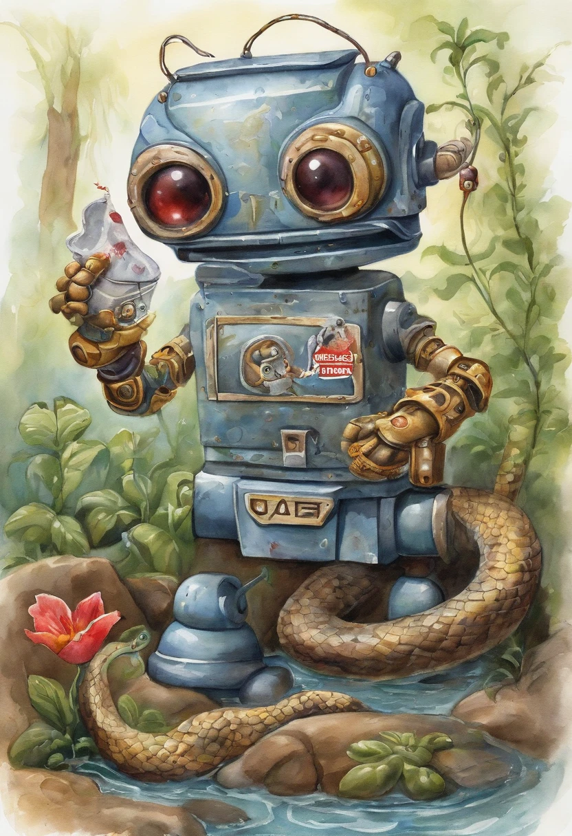 ((robot snake capturing a mouse, garbage pail kids style)), under water, 3d cartoon, high quality, detailed,