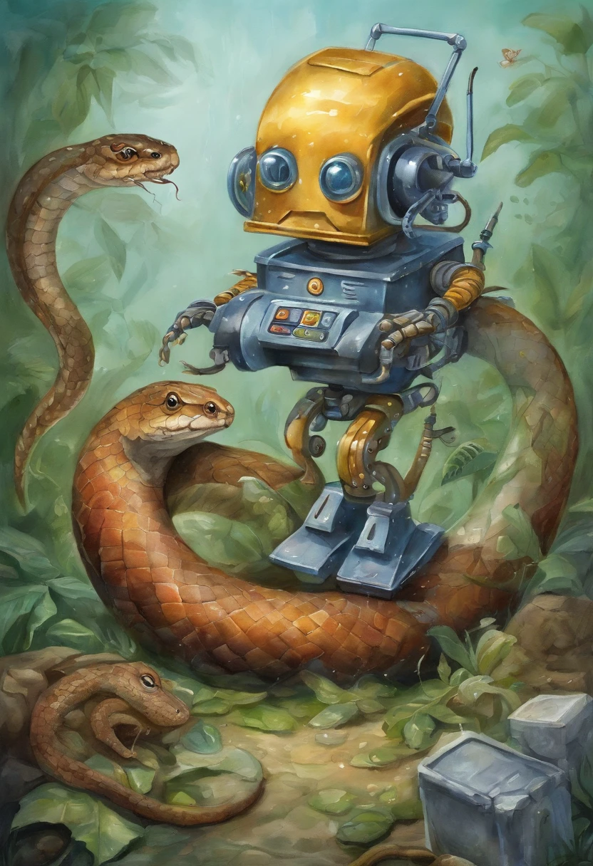 ((robot snake capturing a mouse, garbage pail kids style)), under water, 3d cartoon, high quality, detailed,