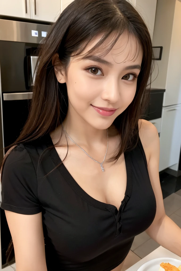 ((Best Quality, 8k, Masterpiece:1.3), Angie Marcheria), Focus:1.2, Perfect Body Beauty:1.4, Buttocks:1.2, ((Delicate Hair)), (black t-shirt:1.1), (kitchen), Highly detailed face and skin texture, Detailed eyes, Double eyelids, whitening skin, Big breasts, smile, wearing necklaces, perfect , seducing face, cooking, sweating, selife, 1 girl, messy hair, sexy, night, tired