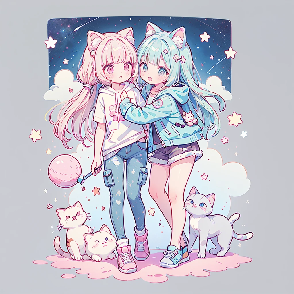 ((Highest quality，masterpiece，Extremely complex and exquisite details，A short girl with gray and blue cat ears and long hair is in the center，Gray blue super long straight hair，Curly hair at the ends，Sparse air bangs，Gray and pink T-shirt with xJ lettering，Denim hooded cropped jacket，Black and gray long cargo pants))，(pink and white sneakers，Smile slightly，Surrounded by tons of cute short-legged cats，Correct anatomy)，Super Q super cute short full body portrait，Starry sky background vertical painting space scene