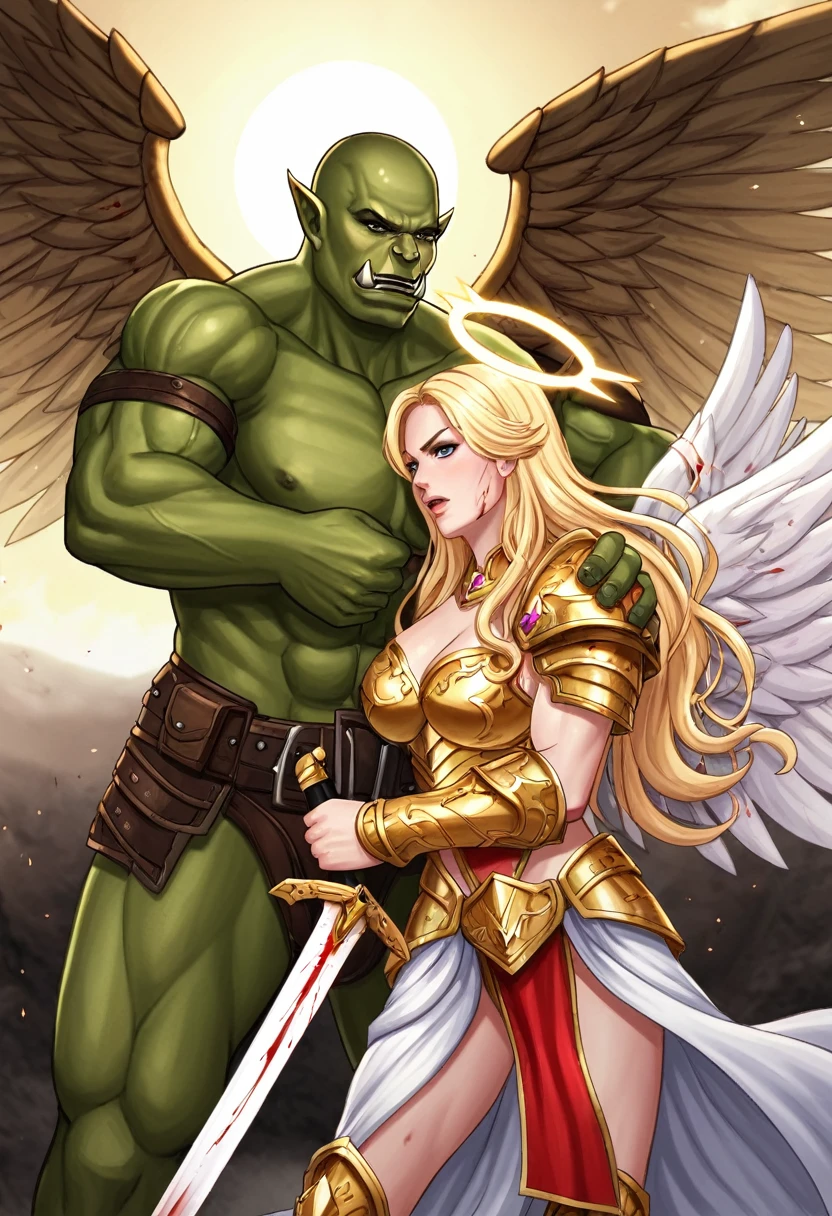 Illustration of an angelic female warrior, beautiful woman, long blonde hair, halo, golden armor, wings, fighting against orcs, blood, holding a orc head in one hand and a sword in the other hand, battlefield