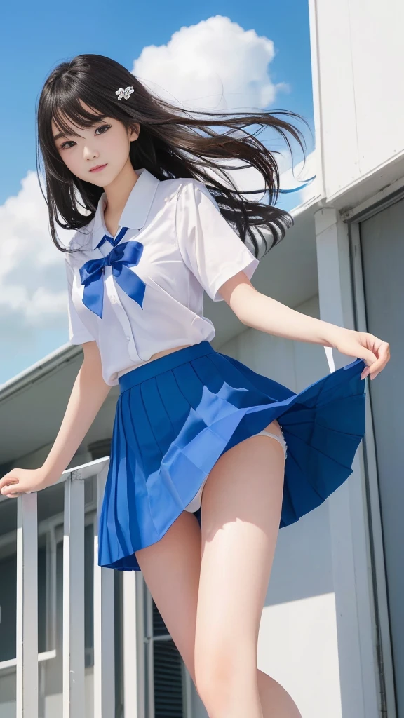 女の子 in a blue skirt and white shirt standing on a roof, Beautiful school girl, (Hair blowing in the wind:1.3), (The wind is blowing my skirt:1.2, Panty shot:1.3), Slender body line, Small and slender figure, Beautiful breasts, Small beautiful butt, Alluring thighs, Cute girl visuals, Kantai Collection Style, ( beautiful girl, Baby Face, ), Yukina Himeragi, Attractive girl, Smooth CG art, Moe art style, Best Girl, Young girl, (Detailed eyes and face:1.2, Professional photography techniques), (Highest quality, 8K, masterpiece:1.2, RAW Photos), Gaze at the viewer, blush