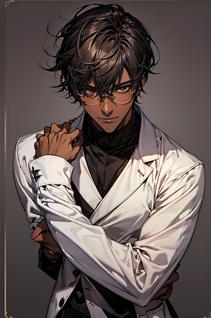 1male, black hair, dark skinned man, very dark skin, brown eyes, black hair, muscular body, cool clothes, glasses, mature face, ikemen, smile, kitchen background, 4k, high resolution, rim lighting