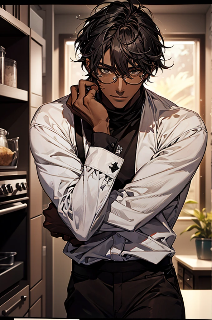 1male, black hair, dark skinned man, very dark skin, brown eyes, black hair, muscular body, cool clothes, glasses, mature face, ikemen, smile, kitchen background, 4k, high resolution, rim lighting