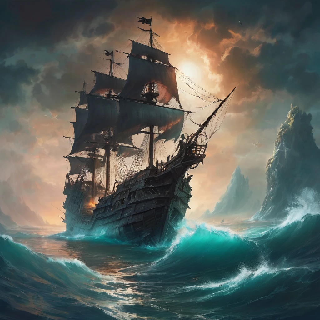 Sinking pirate ship in ocean fantasy artwork