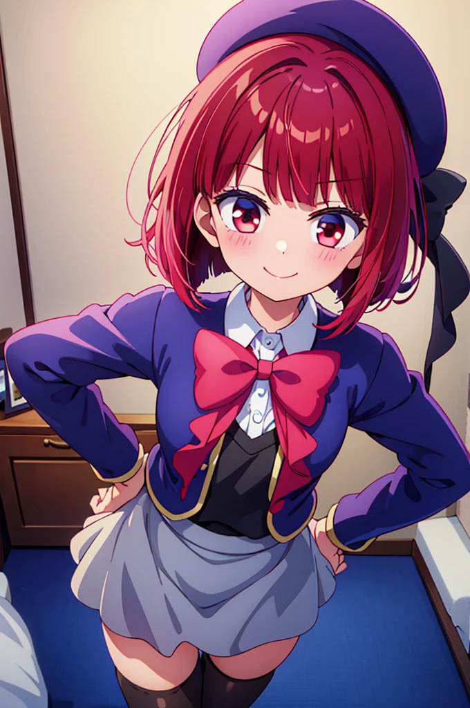 ((masterpiece)), ((best quality)), (ultra-detailed), ((kawaii)), cute, (lovely),(gleaming skin),from directly above,looking up at viewer,hand on hip, ((seductive smile)), arima kana,aakana,red hair, short hair, beret, red eyes, blue headwear, red bowtie, collared shirt, blue jacket, open jacket, long sleeves, grey skirt,black thigh high socks,night,hotel room