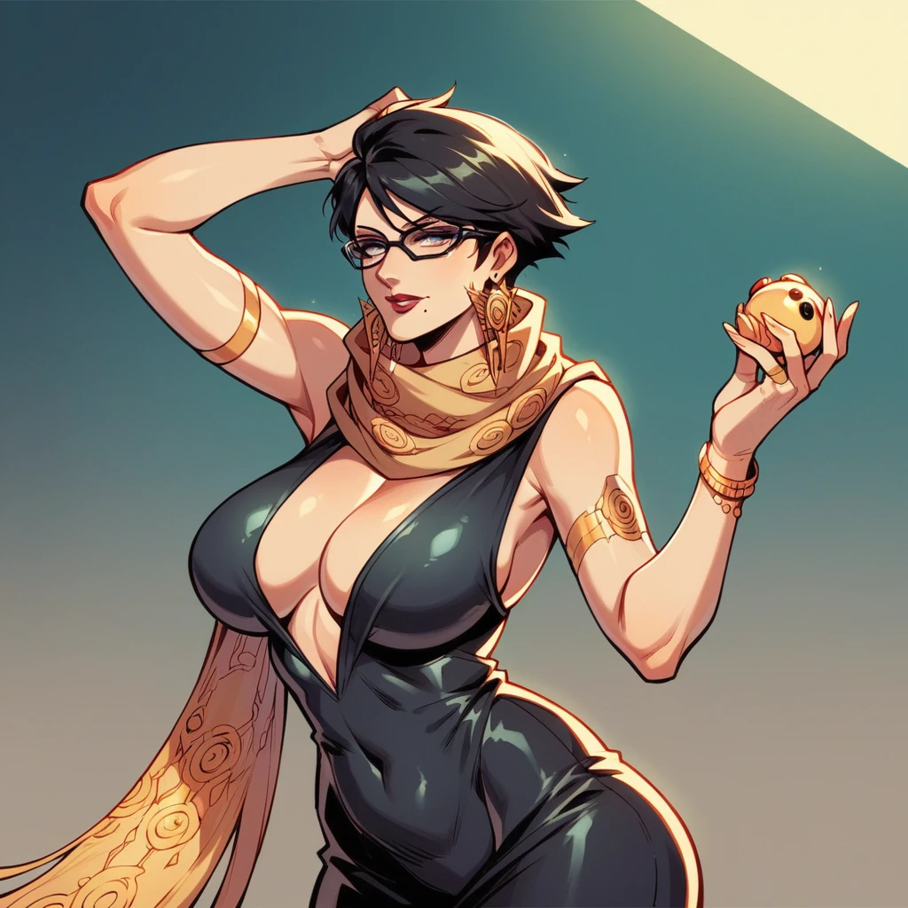 tall mature beautyfull woman, based bayonetta, cyberpunk clotches, cybernetic implants, mature woman, short hair, black chic glasses, big beige colors scarf, golden earring, black dress, golden bracelet, black boot