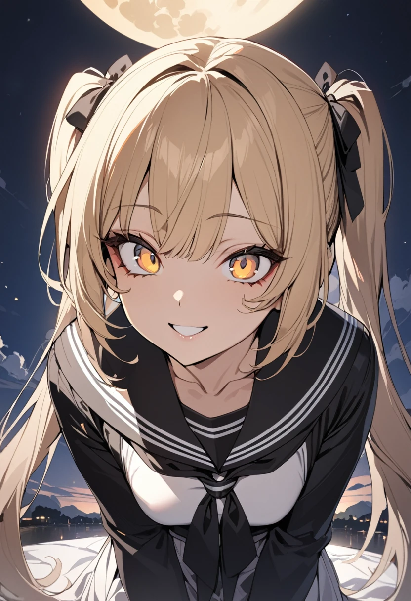 1 girl, masterpiece, best quality, beautiful woman, smile, big eyes, golden eyes, blonde hair, hime cut, twin tails, black sailor suit, moon, anime
