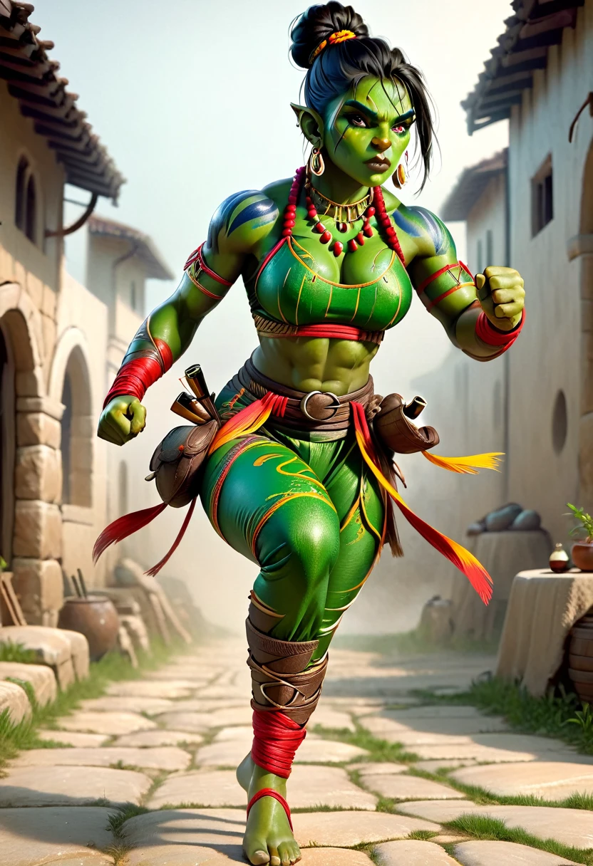 (a beautiful orc woman warrior with green skin, tusks, 6 pack abs, toned muscles, long single braid with bun, east indian clothing, colourful bodypaint, fierce expression, perfect skin, large breasts, pouty lips, dramatic martial artist pose, boxing, fist wraps, full body shot, photorealistic masterpiece painting, model shoot style, extremely detailed CG octane render, 8k, sharp focus, high detail, intricate, dramatic, vivid colors, best quality, masterpiece:1.2)