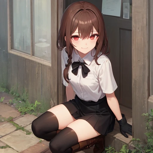 Old woman, Little smile, red eyes, Brown hair, black boots, short black skirt, short sleeve white shirt, black gloves.