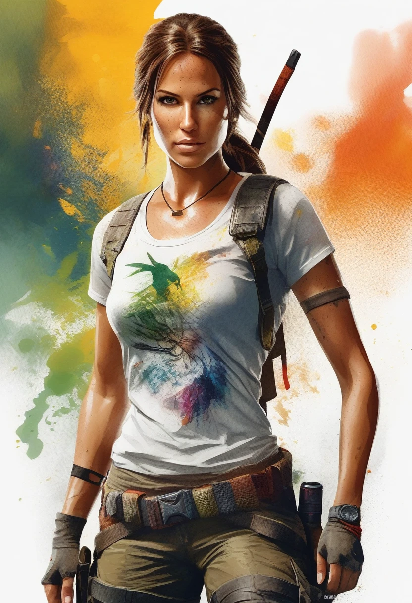 A stylish t-shirt, t shirt design, Centered art, 2D vector, water colour, Lara Croft Tomb Raider, White background, Adobe illustration, trends on artstation, High definition, 8K, details Intricate, vibrant eyes, arte linda, work of art, by Rafael Albuquerque , REMBRANDT luminosity