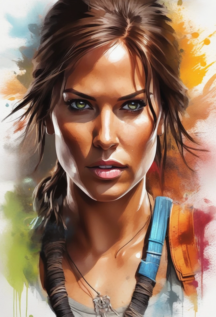 A stylish t-shirt, t shirt design, Centered art, 2D vector, water colour, Lara Croft Tomb Raider, White background, Adobe illustration, trends on artstation, High definition, 8K, details Intricate, vibrant eyes, arte linda, work of art, by Rafael Albuquerque , REMBRANDT luminosity