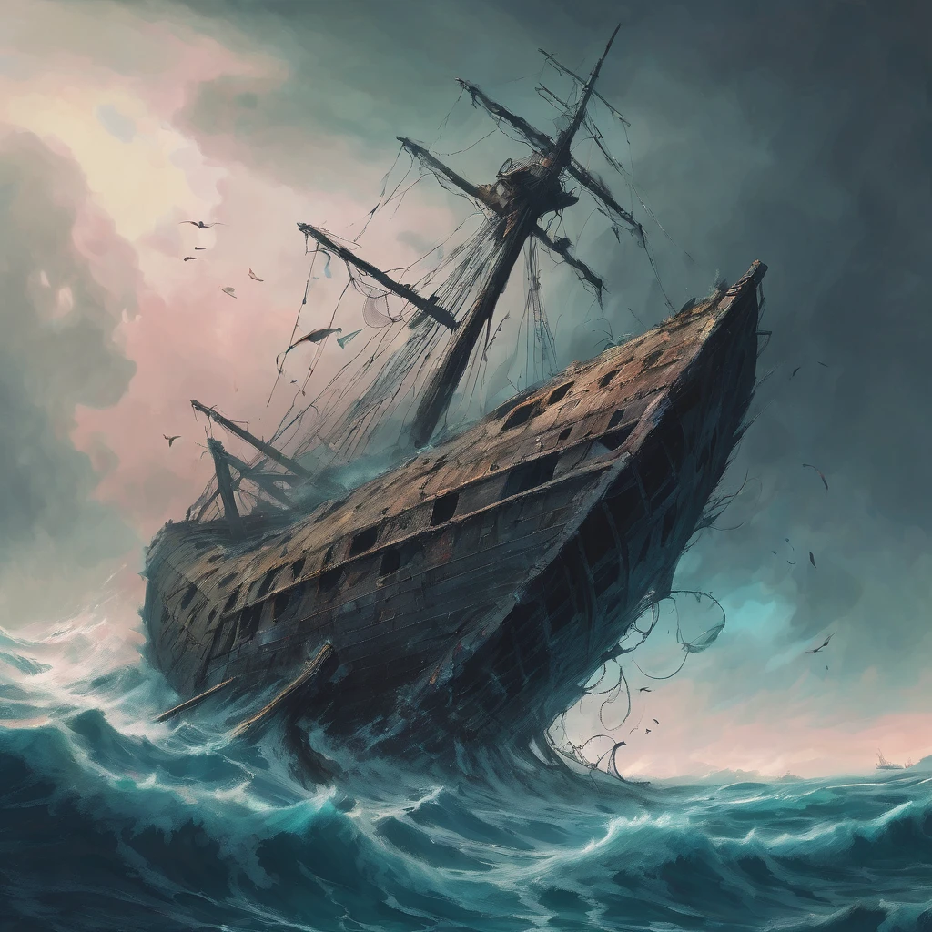 Sinking crashed ship in ocean fantasy artwork