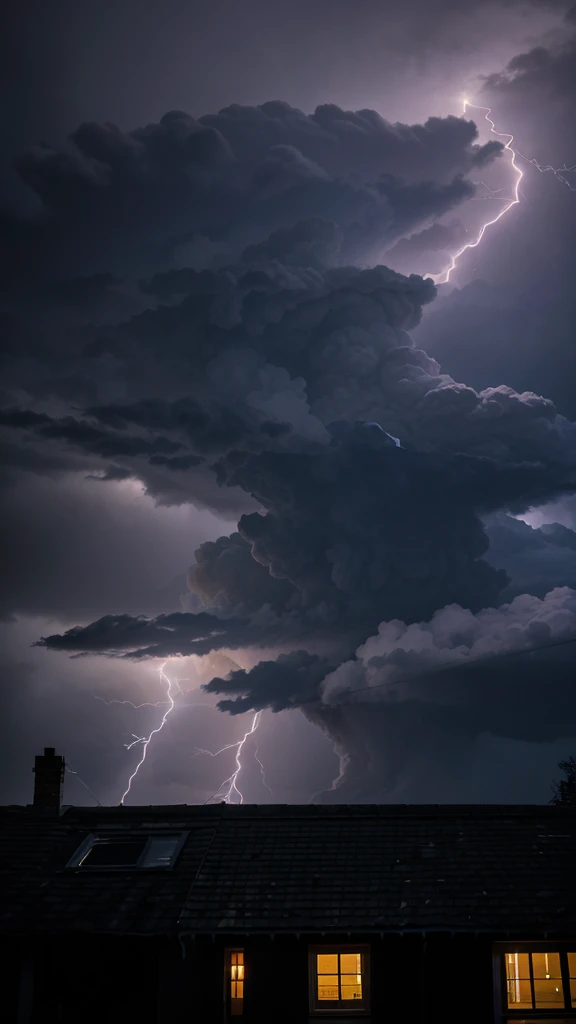 "A house on a rainy night with windows being battered by the wind and lightning illuminating the sky."