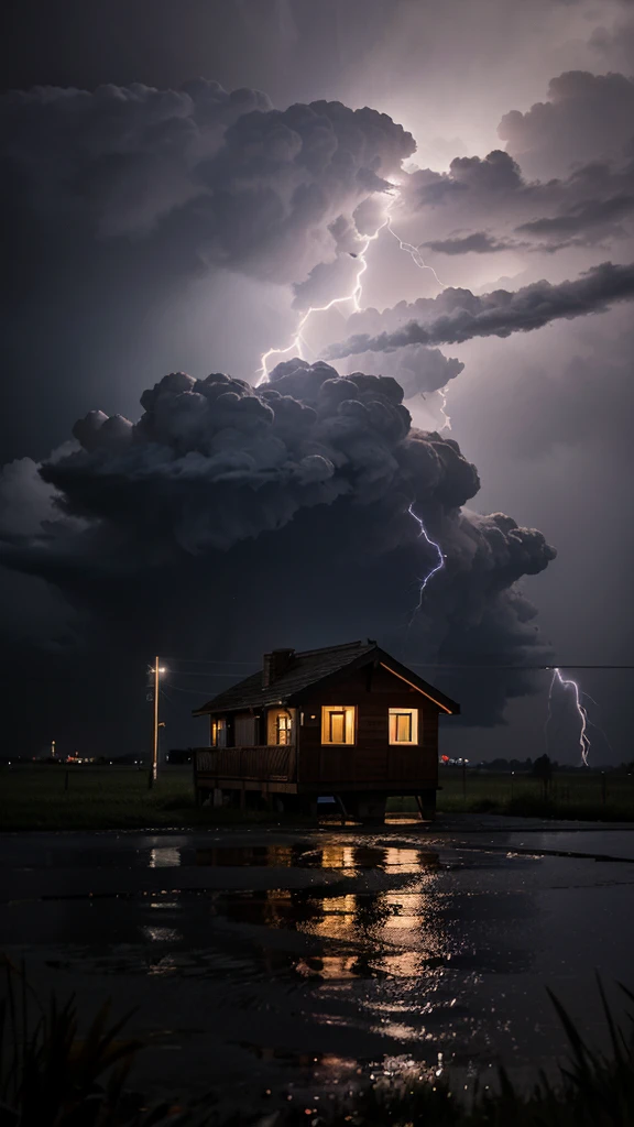"A house on a rainy night with windows being battered by the wind and lightning illuminating the sky."