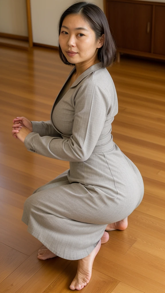 ((best quality)), ((masterpiece)), ((realistic)), 30-years-old, Japanese woman, sweeping the floor, sweeping with hands,wearing long sleeves grey Plizkated Suit dress, fitted dress, on all fours, leap frog pose, white long skirt, saggy breast, enormous hips, big ass, thick thighs, housekeeping, side view