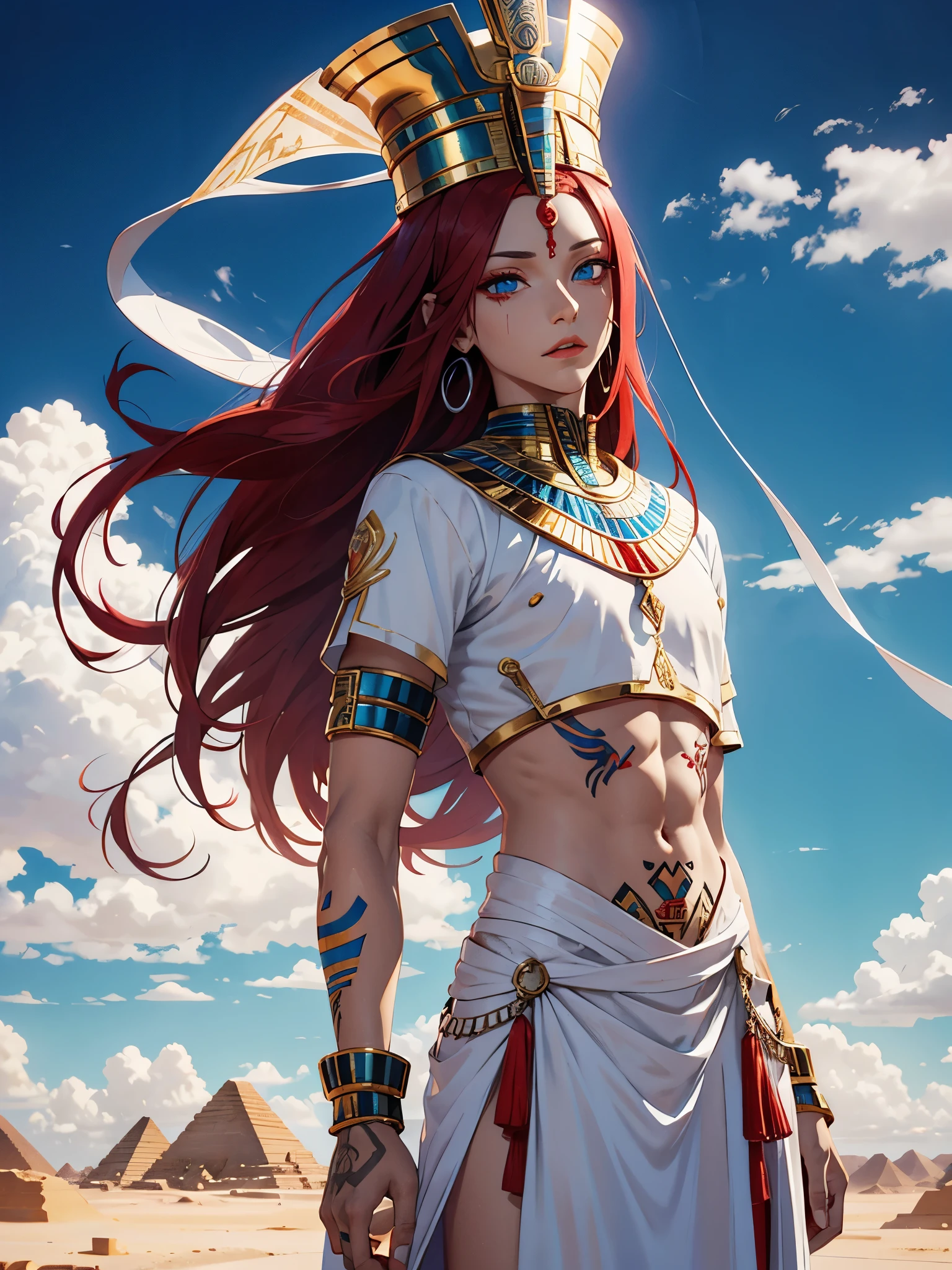 Egyptian deity Seth. long red hair, White clothing. silver jewelry. light skin. Desert. Tattoos, Egyptian. blue eyes. Rotes Make Up. tao. 