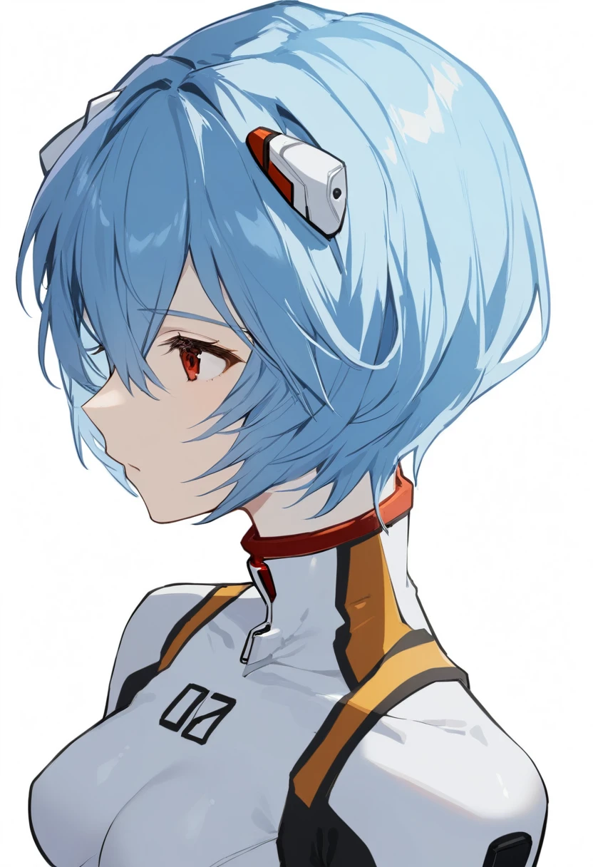 One girl, Ayanami Rei, alone, Red eyes, Plug Suit, short hair, Blue Hair, chest, Bodysuits, Upper Body, White Background, white Bodysuits, Simple Background, Interface Headset, bangs, Mouth closed, Hair between the eyes, medium chest, medium quality, slow, 