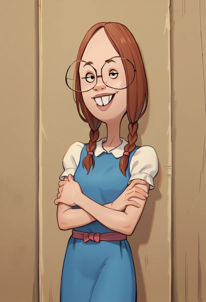 gretchen_grundler, 1girl, dress, crossed arms, glasses, braid, looking at viewer, smile, buck teeth, short sleeves, blue dress, indoors, leaning against wall