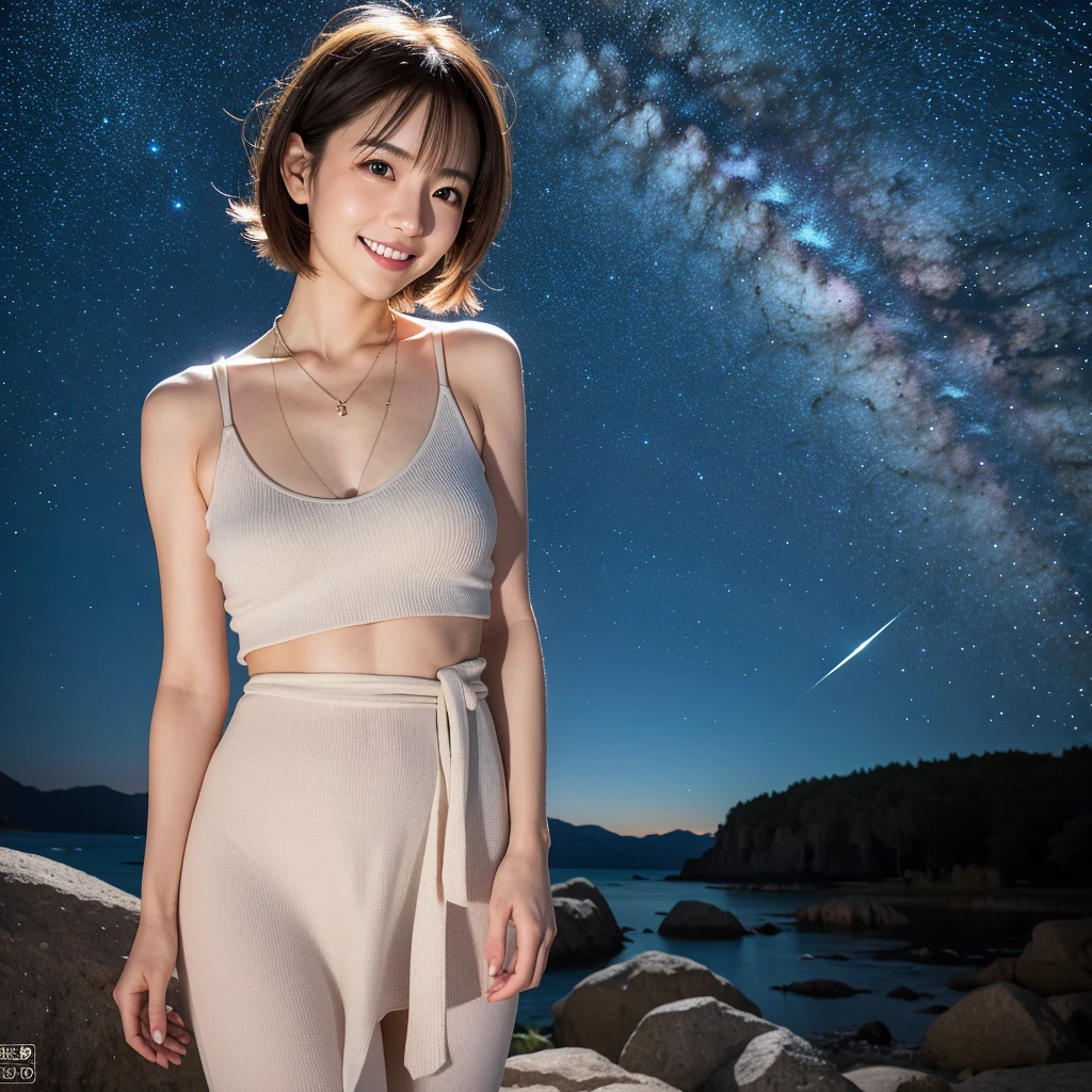 Highest quality,a girl, one girl,solo focus,raw photo,bloom,full body,4K,8K,Realistic,full body,Japanese women,一人のJapanese women,Age 25,Clear,kind,Beautiful eyes,smile,Full of maternal love,nice style,smile,teeth,short brown hair,Large Breasts,healthy,positive,Very detailed,Casual Style,necklace,a one girl,standing posture,The background is a beautiful starry sky,night,night,a one girl