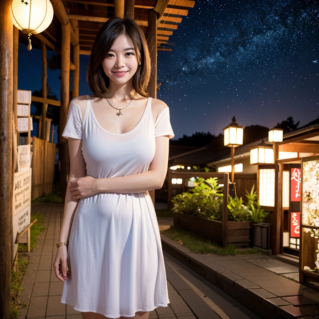 Highest quality,a girl, one girl,solo focus,raw photo,bloom,full body,4K,8K,Realistic,full body,Japanese women,一人のJapanese women,Age 25,Clear,kind,Beautiful eyes,smile,Full of maternal love,nice style,smile,teeth,short brown hair,Large Breasts,healthy,positive,Very detailed,Casual Style,necklace,a one girl,standing posture,The background is a beautiful starry sky,night,night,a one girl