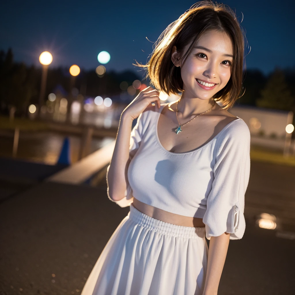 Highest quality,a girl, one girl,solo focus,raw photo,bloom,full body,4K,8K,Realistic,full body,Japanese women,一人のJapanese women,Age 25,Clear,kind,Beautiful eyes,smile,Full of maternal love,nice style,smile,teeth,short brown hair,Large Breasts,healthy,positive,Very detailed,Casual Style,necklace,a one girl,standing posture,The background is a beautiful starry sky,night,night,a one girl