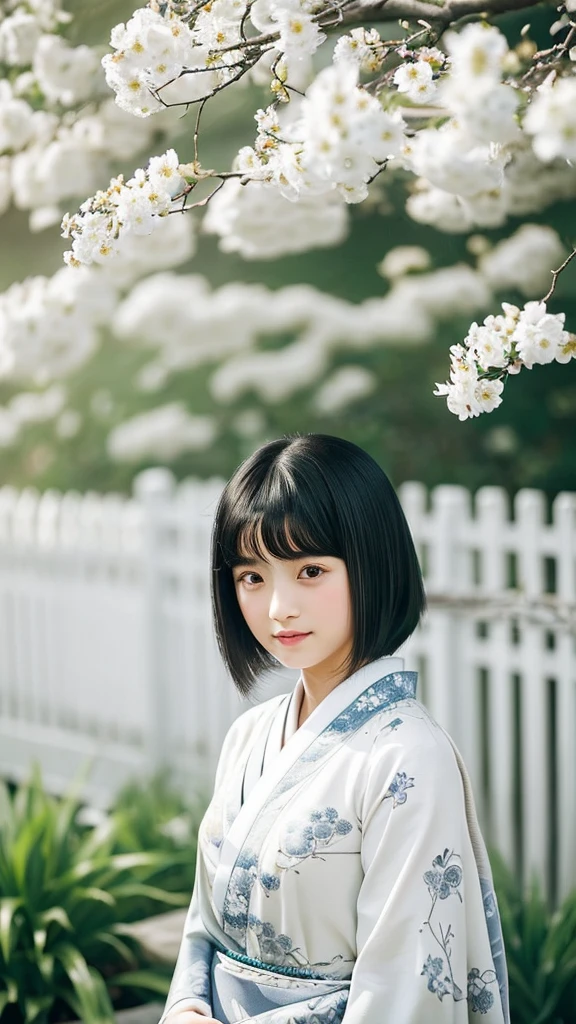 Super Realistic (((little Japanese girl with straight, chin-length black hair))) with intricate and elegant designs, flowing clothes, pola rumit, gray and white color palette, floral motif, smooth wings, grassy field background