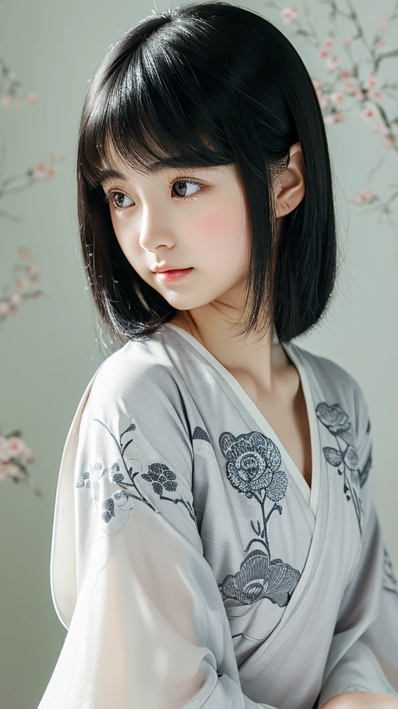 Super Realistic (((little Japanese girl with straight, chin-length black hair))) with intricate and elegant designs, flowing clothes, pola rumit, gray and white color palette, floral motif, smooth wings, grassy field background
