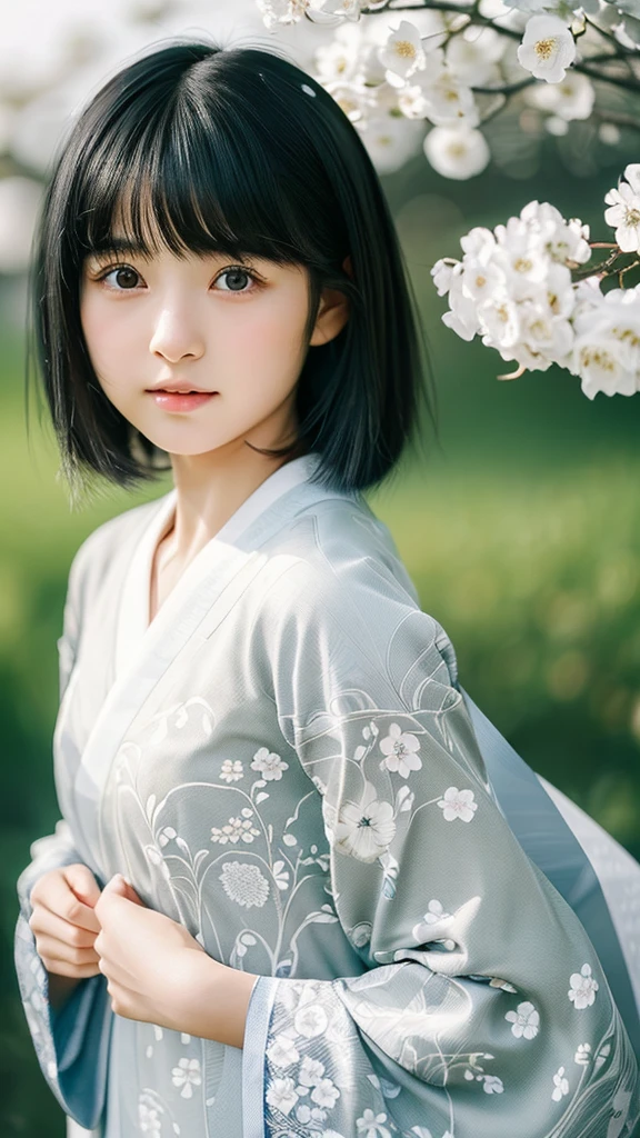 Super Realistic (((little Japanese girl with straight, chin-length black hair))) with intricate and elegant designs, flowing clothes, pola rumit, gray and white color palette, floral motif, smooth wings, grassy field background