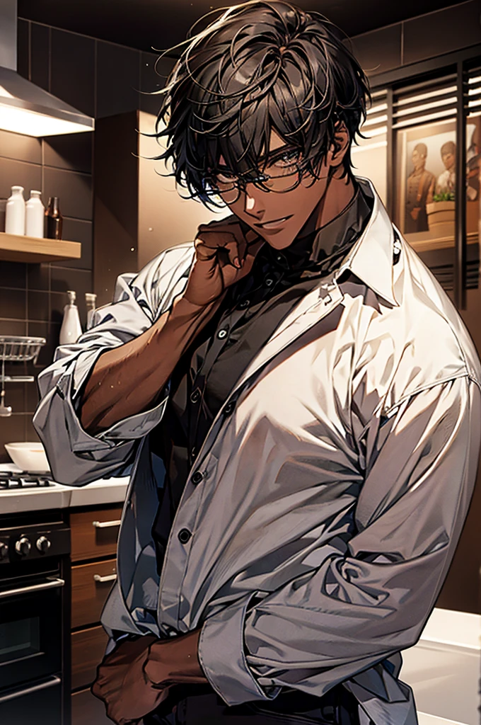 1male, black hair, dark skinned man, very dark skin, brown eyes, black hair, muscular body, cool clothes, casual pose, glasses,  face, ikemen, smile, kitchen background, 4k, high resolution, rim lighting