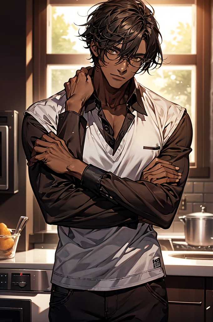 1male, black hair, dark skinned man, very dark skin, brown eyes, black hair, muscular body, cool clothes, casual pose, glasses, mature face, ikemen, smile, kitchen background, 4k, high resolution, rim lighting