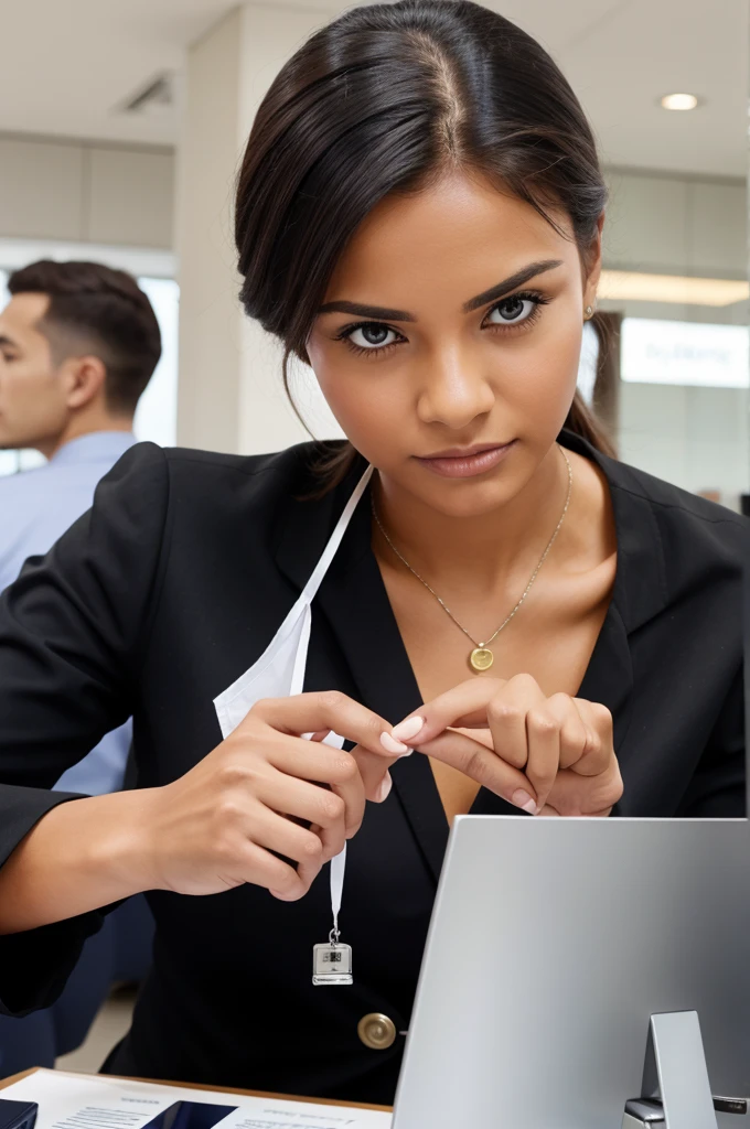 Photo of busy bank and employee clearing costumers doubts