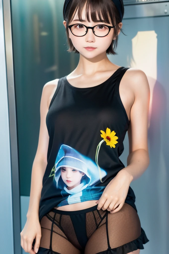 (masterpiece, Highest quality, It captures a very cute moment, Depth of written boundary, Super detailed, Ultra-high resolution, C4D, Octadale, 3D Modeling,Realistic human photos、 8K, 16K, One Girl,Middle school students, Small breasts,Black Hair,short hair,Straight Hair,Light brown eyes,White headband,Wearing black glasses,Cute face), Bloomers, Black tank top, zettai ryouiki, Wet clothes,Classroom Nights,Moonlight, Good elevator, Take off、Real-life skin、Not an anime、Realistic、Not an illustration