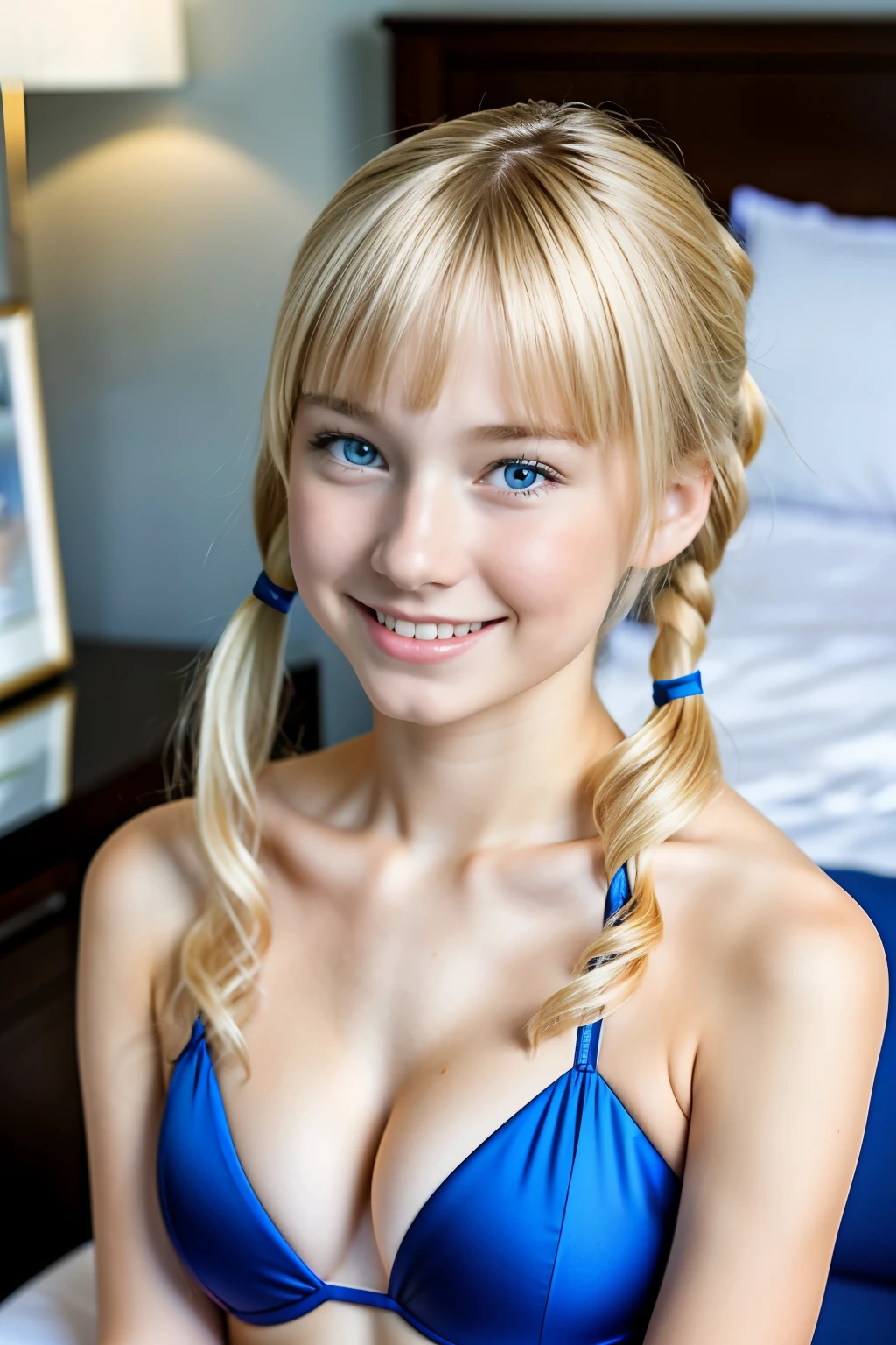 a young girl in a blue bikini posing for a picture, 13 years old, (no makeup:1.5), blonde hair, (blonde pigtails hair:1), very big and busty, resort hotel bedroom, inspired by Jean-Étienne Liotard, official store photo, in 2018, anthro, full product shot, teen, at target, well-groomed model, alana fletcher, fair fair pale skin, with an elegant smile, no skin shown, fine image on the store website