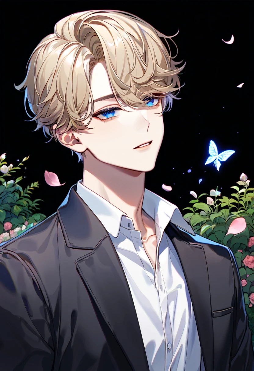 absurdres, highres, ultra detailed, HDR, master piece, best quality, Lim Haegyung, ash-blond messy short hair, expressive blue eyes, Love Jinx, 1man, handsome, black coat, white shirt, petals, garden, pink butterflies