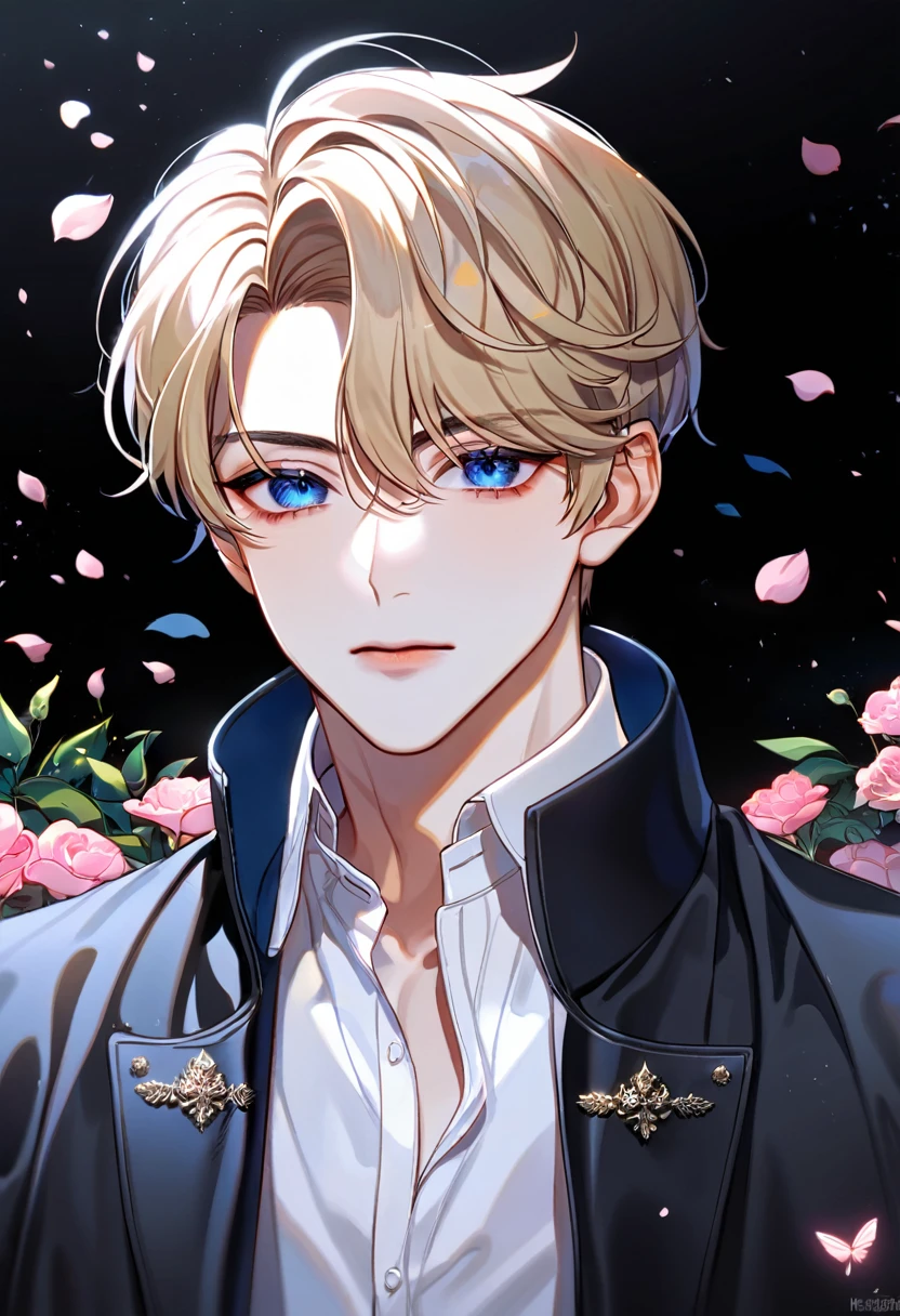 absurdres, highres, ultra detailed, HDR, master piece, best quality, Lim Haegyung, ash-blond messy short hair, expressive blue eyes, Love Jinx, 1man, handsome, black coat, white shirt, petals, garden, pink butterflies