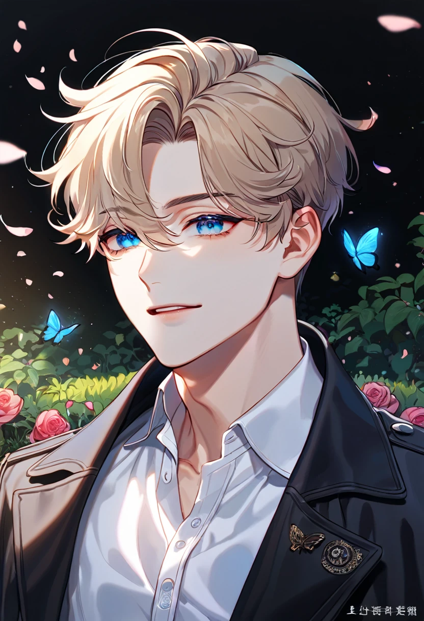 absurdres, highres, ultra detailed, HDR, master piece, best quality, Lim Haegyung, ash-blond messy short hair, expressive blue eyes, Love Jinx, 1man, handsome, black coat, white shirt, petals, garden, pink butterflies