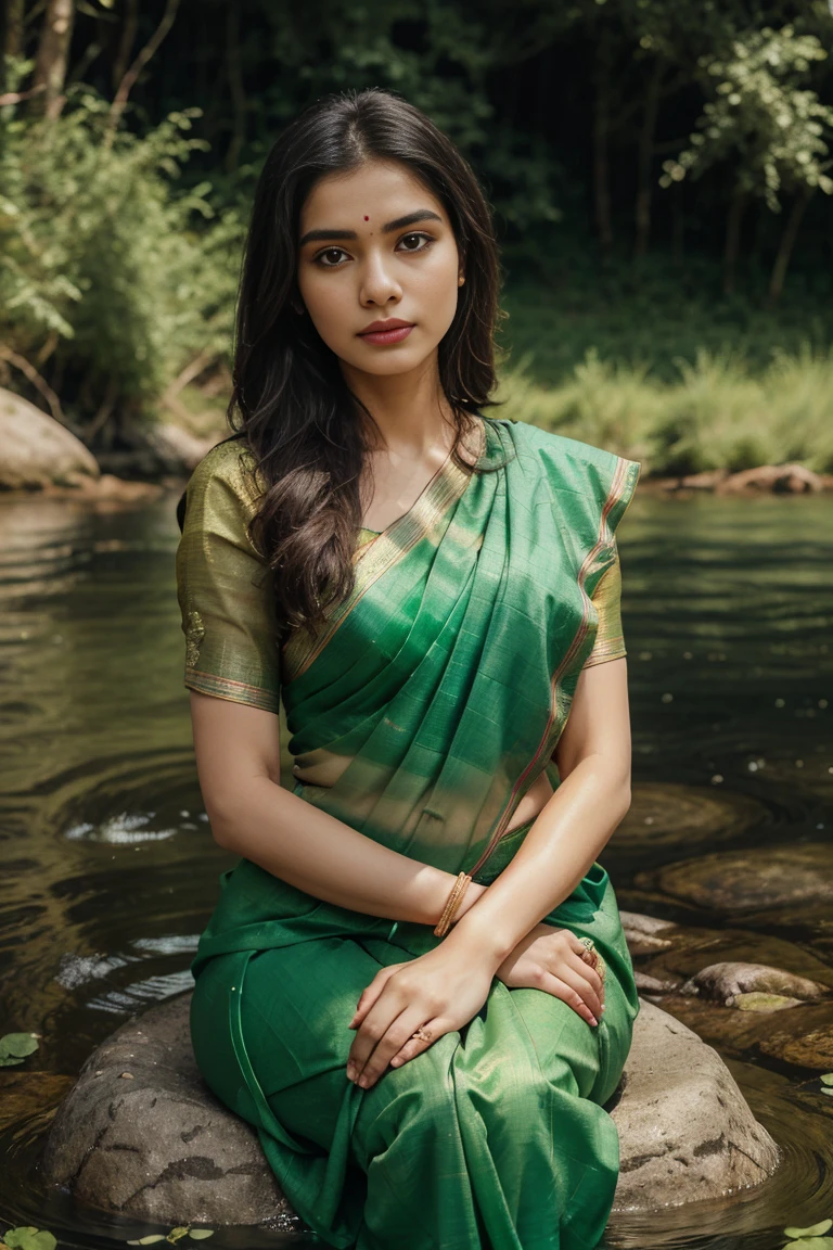 "Create an image of a stunning woman draped in a vibrant green saree, seated gracefully by the tranquil riverbank. Her gaze is fixed on the gentle ripples of the water, lost in contemplation. With one hand delicately supporting her chin, she embodies elegance and poise against the serene backdrop of the flowing river."