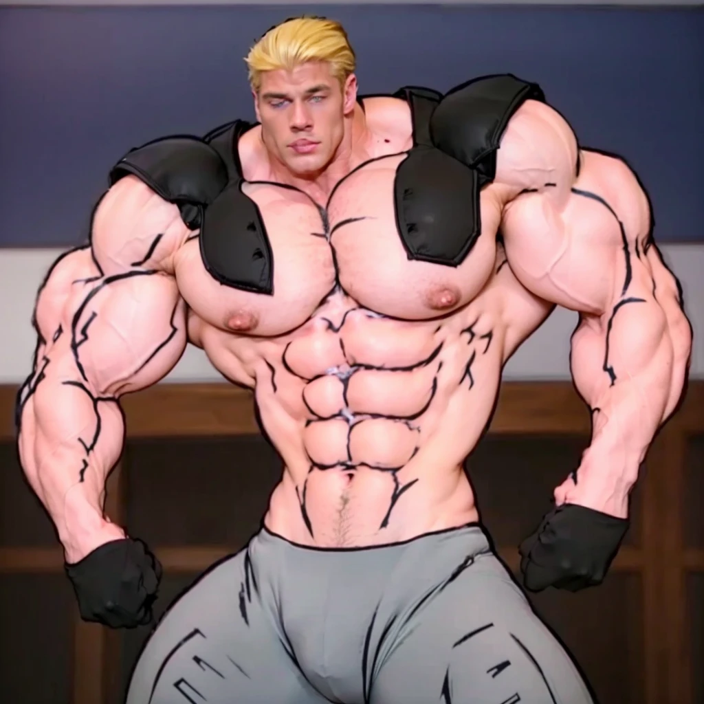 A muscular blond very young alpha male bodybuilder, american football player, pretty face, thin face, beautiful detailed grey eyes, beautiful detailed lips, extremely detailed eyes and face, long eyelashes, gorgeous blond hair, clear skin, white skin, 18 years old, extremely low body fat, extremely large and defined muscles, impossible proportions, handsome attractive face, ripped abs, veiny arms, broad shoulders, whole body and each muscle flexed, 8 feet tall, posing shirtless, football shoulder pads on shoulders, wears gray swetpants, studio lighting, (best quality,4k,8k,highres,masterpiece:1.2),ultra-detailed,(realistic,photorealistic,photo-realistic:1.37),award-winning,highly detailed,intricate,cinematic, dramatic atmosphere,chiaroscuro lighting,striking pose,muscular physique,powerful,intimidating,commanding presence