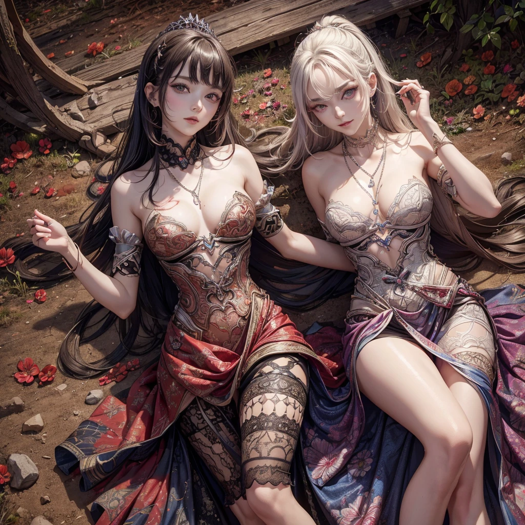 (msterpiece:1.3), (8k, RAW photo, best quality: 1.4), beautiful face, beautiful hairstyle, beautiful detailed eyes, beautiful skin, absurdres, attractive, ultra high res, highly detailed,NSFW, 2 girls in abandoned underground basement,vagina close up,necklace,arms behind back,evil smile, ultra detailed skin,Heavy makeup, flower hairpin,colorful patterned lace dress, dirty ground,on bed,bondage, exposed pussy,long straight hair,blood, vagina spurting blood,slim legs,