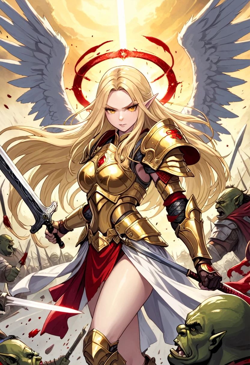 Illustration of an angelic female warrior, beautiful woman, long blonde hair, halo, golden armor, wings, fighting against orcs, blood, holding a orc head in one hand and a sword in the other hand, battlefield 