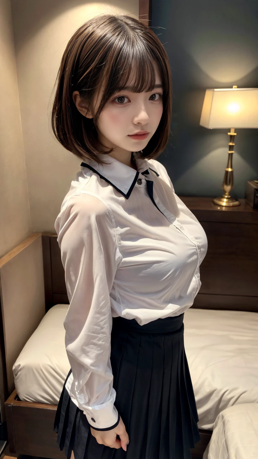masterpiece, best quality, illustration, Super detailed, fine details, High resolution, 8K,wall paper, perfect dynamic composition,(Details High quality, realistic depiction of eyes:1.3), from side, standing, (collared shirt:1.1), pleated skirt, short bob hair、black hair color, Big Natural Color Lip, bold sexy pose, crying a little、Harajuku style、20 year old girl、cute type、ta、beautiful legs, hotel room, gravure idol, medium breasts