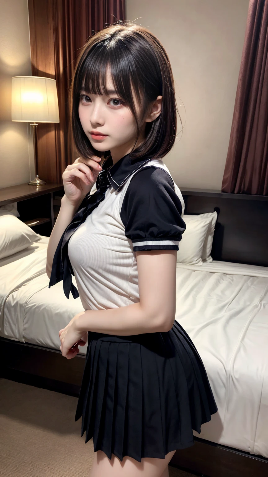 masterpiece, best quality, illustration, Super detailed, fine details, High resolution, 8K,wall paper, perfect dynamic composition,(Details High quality, realistic depiction of eyes:1.3), from side, standing, (collared shirt:1.1), pleated skirt, short bob hair、black hair color, Big Natural Color Lip, bold sexy pose, crying a little、Harajuku style、20 year old girl、cute type、ta、beautiful legs, hotel room, gravure idol, medium breasts