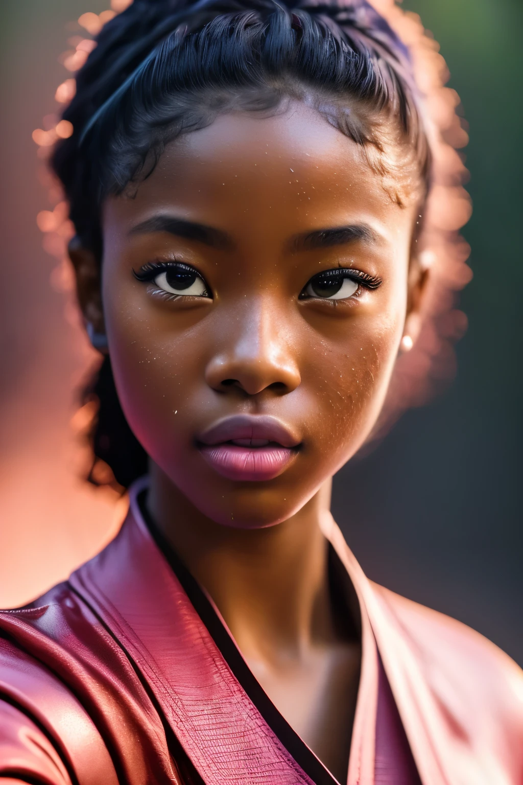 8K, best qualityer, work of art, ultra high resolution, (真实感: 1.4), OriginalPhoto, (textura de pele realista: 1.3), (Film grain: 1.3), (Selfie angle), 1 girl, pink clothes, Sapphire eyes and beautiful facial details, work of art, best qualityer, close up, Highest quality pull-ups for the upper body
