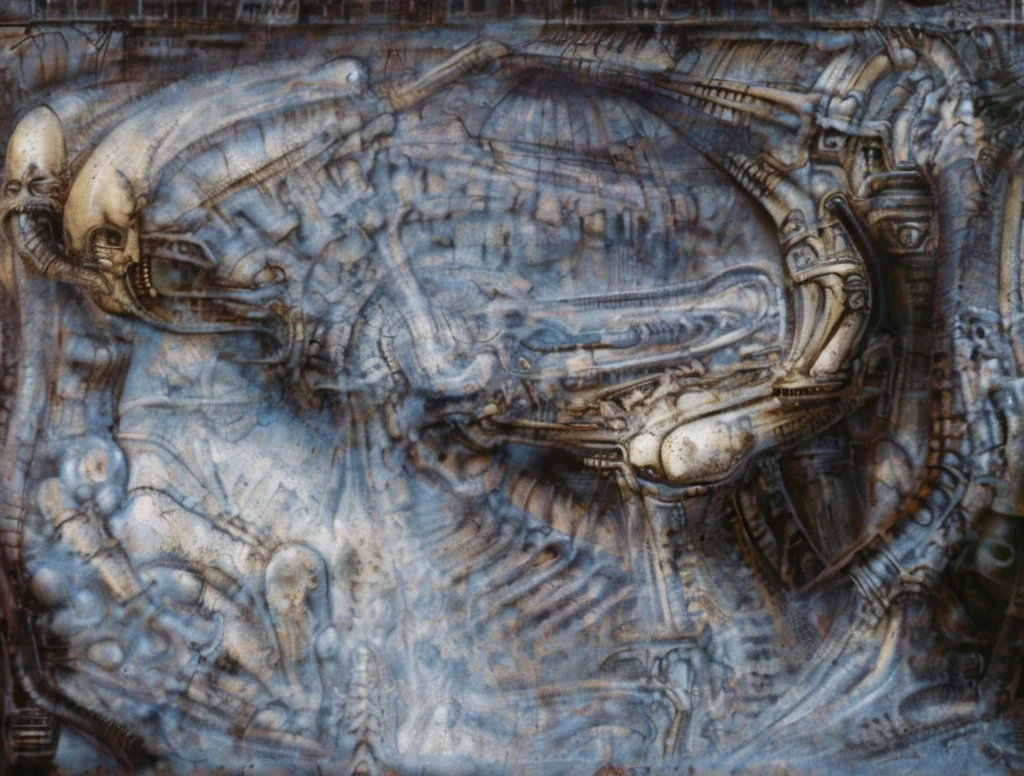 The image is a detailed view of H.R. Giger's biomechanical tableau \" Landscape XVI \" plate, featuring.
(airbrush painting, Giger's alien in front of broken alien ship in landscape, natural light, sharp focus, illustration, highly detailed, digital painting, concept art, matte, art by gric and kozhanov and moebius and Alphonse Mucha, masterpiece, HDR ,UHD , uplight, in HRGigerArhP style);1.
surrealistic painting of a monster with multiple tentacles and a body that looks like a brain, surrounded by a chaotic scene of swirling clouds and other monsters
It's a complex network of bones and organs in eldritch color scheme:a greenish-brown hue ,swirling gery and brown colors. The artwork is silverish and green brown, with an ivory bones prominently displayed. The image is highly detailed and intricate, almost like a 3d version of a medical sketchwork.
The piece is a tableau, most likely created with a India ink pen or pencil on paper, determined by the thin lines, shading techniques, and the texture of the paper, which is visible around the edges.
Used is pen, given the shading and variations in line weight visible in the image. Artist have used a variety of stylus with different degrees of hardness to achieve the shading effects.
The use of undersaturated green-grays dark contrasts creates a stark and graphic look. Is used a variety of linework techniques to create different textures. Fine, parallel lines create a smooth, metallic texture,while thicker, more cursive lines suggest cables or wires.
Light source from the top highlights skeletals, pper part of foreground, lower part of image is in shadowupper part of foreground, lower part of image is in shadow.
The art performance showcases the artist’s skills in observation and rendering. The level of detail in the piece suggests a close study of real bone specimens and mechanics. The artist has skillfully used shading techniques to create a convincing illusion of three-dimensionality on a flat surface. The wrinkles
