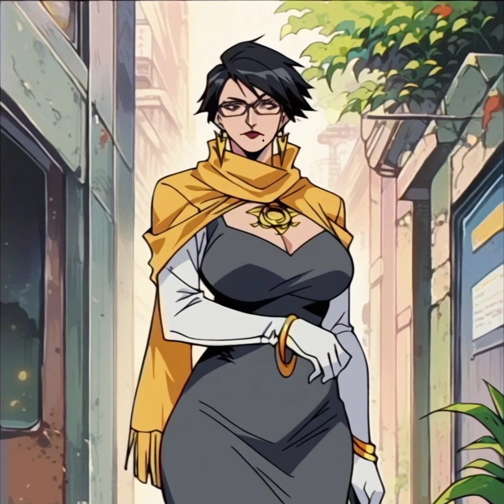 tall mature beautyfull woman, based bayonetta, cyberpunk clotches, cybernetic implants, mature woman, short hair, black chic glasses, big beige colors scarf, golden earring, black dress, golden bracelet, black boot