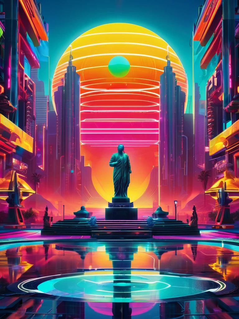 Square album cover, electronica, compilation album, reflecting electronic dance music, chilled out beats, positive look, vibrant colors, abstract patterns, neon lights, futuristic elements, Cyberpunk 2077 colors but not as dark, Russian constructivist influence, the sun, science-related ideas, abstract statues