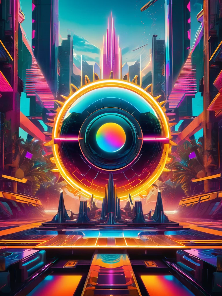Square album cover, electronica, compilation album, reflecting electronic dance music, chilled out beats, positive look, vibrant colors, abstract patterns, neon lights, futuristic elements, Cyberpunk 2077 colors but not as dark, Russian constructivist influence, the sun, science-related ideas, abstract statues