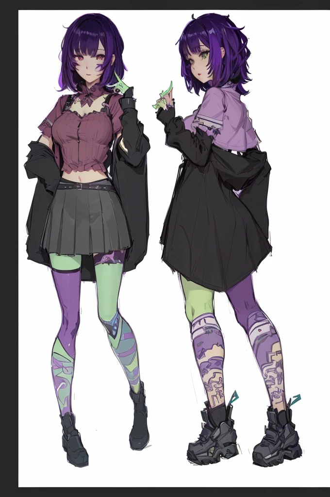 two anime girls in short skirts and tights are standing next to each other, full body concept, detailed full body concept, outfit design, [ character design ], some green and purple, detailed character design, unrealistic character concept, full body character design, clothing concept, full body character concept, full body adoptable, character adoptable, outfit designs, full body illustration