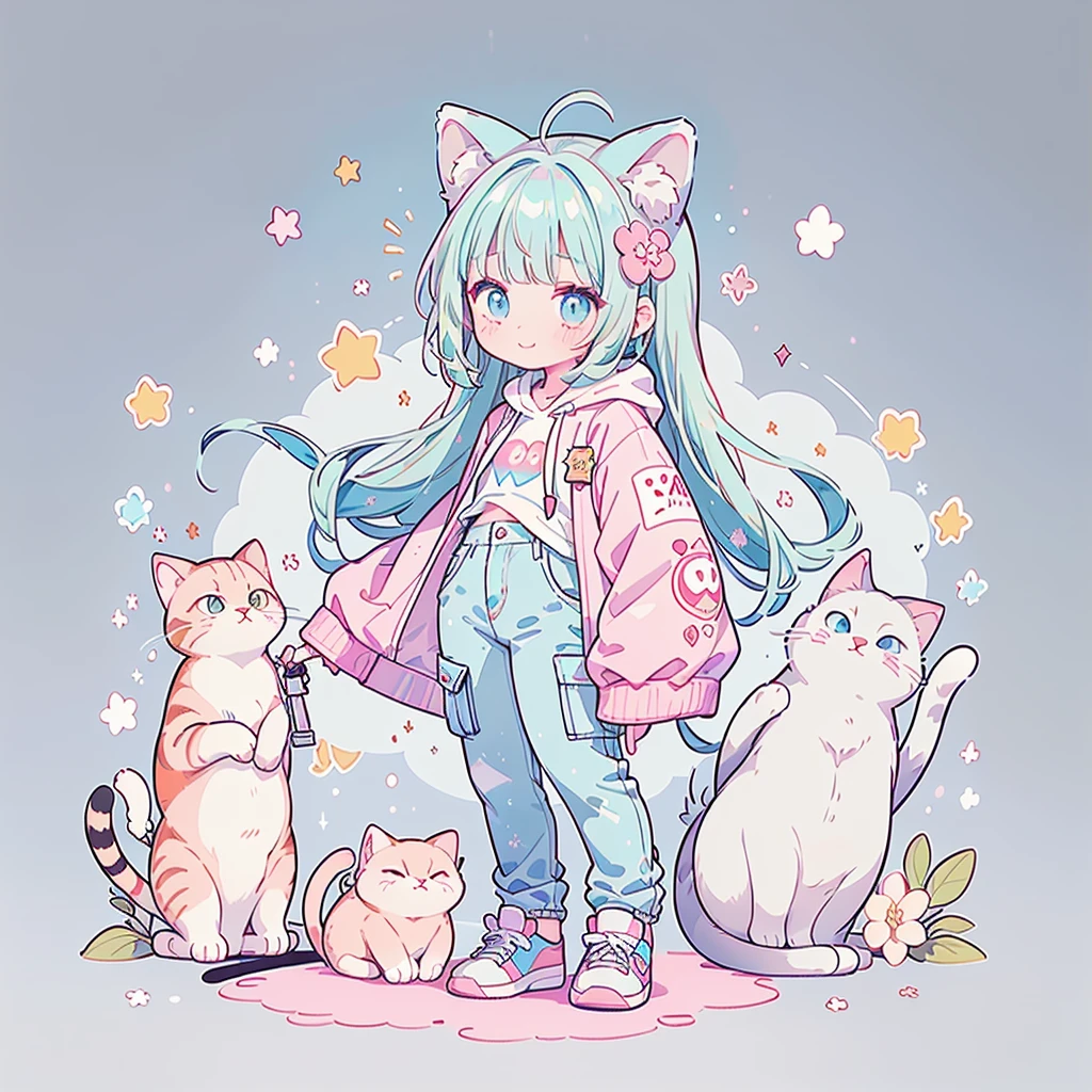 ((Highest quality，masterpiece，Extremely complex and exquisite details，A short girl with gray and blue cat ears and long hair is in the center，Gray blue super long straight hair，Curly hair at the ends，Sparse air bangs，Gray and pink T-shirt with xJ lettering，Denim hooded cropped jacket，Black and gray long cargo pants))，(pink and white sneakers，Smile slightly，Surrounded by tons of cute short-legged cats，Correct anatomy)，Super Q super cute short full body portrait，Starry sky background vertical painting space scene